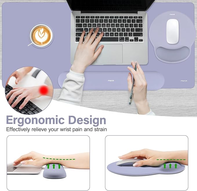 MOSISO Wrist Rest for Keyboard Mouse Pad Set, Large Gaming Deskpad&Circle Curved Mousepad&Keyboard Wrist Rest&Coaster, Ergonomic Non-Slip Mousepad&Easy Typing Pad with Silicone Lining, Lavender Gray