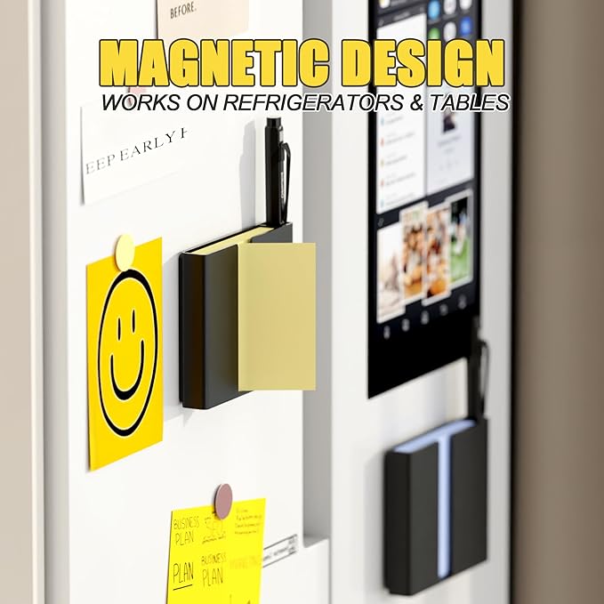 4Pcs Sticky Note Dispenser, Magnetic Sticky Note Holder for Post It Notes, 3 x 3 Inch Sticky Note Pen Organizer for Office Home Classroom, Black