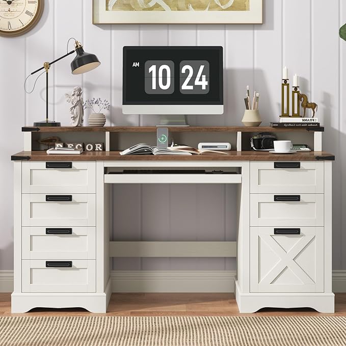 60" Farmhouse Executive Desk with 8 Drawers, Wood Computer Desk with Keyboard Tray and Charging Station, Home Office Desk Writing with File Drawer Fits A4 Size for Work and Study, White and Brown