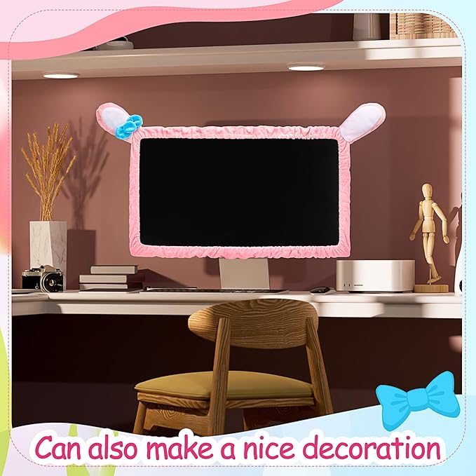 Remagr Easter 20"-29" Cute Computer Monitor Cover with Bunny Ear Pink Furry Elastic Monitor Dust Cover Protector Accessories Laptop TV Lcd Screen Kawaii Decoration for Easter Tablet