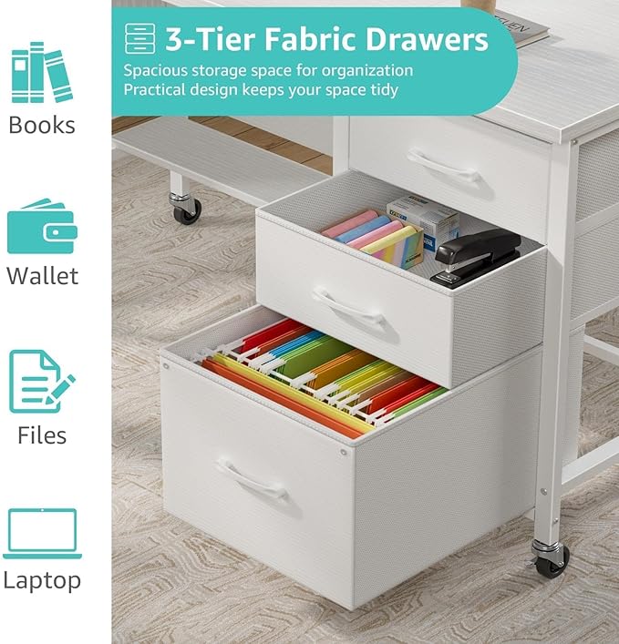 WINAZ Rolling Teacher Desk with File Drawers - 47 Inch Mobile Computer Desk with Privacy Panels & 3 Storage Drawers on Wheels, White Office Desks Workstation for Classroom & Home Office