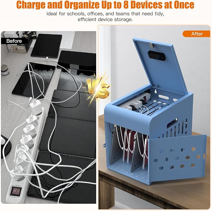 8 Tablet Charging Station Lock Box - Fits 14" Screen, Steel Case & Lockable Door,2 Keys Included - for Chromebook,ipads,Laptop and Tablets - Ideal for Offices, Classrooms and Hospitals(Blue)