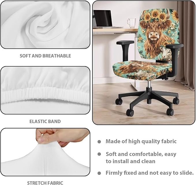 Highland Cow Office Chair Covers Stretchable Office Chair Seat Cover 2 Piece Sunflowers Gaming Chair Cover Universal Fit Wheelchairs,Computer Chairs,Gaming Chairs Brown