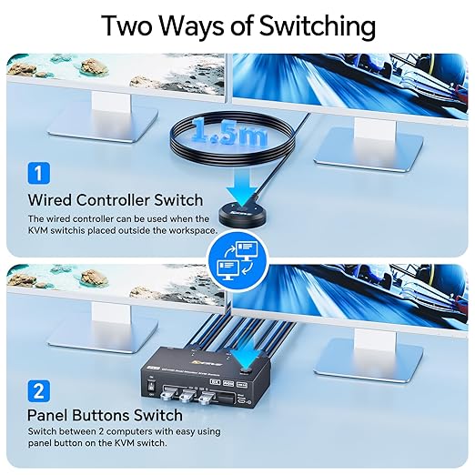 8K@60Hz HDMI Displayport KVM Switch 2 Monitors 2 Computers,USB 3.0 KVM Switch Dual Monitor for 2 Computer Share 2 Monitor and 4 USB Ports,with Wired Remote,12V Power Adapter and USB Cables