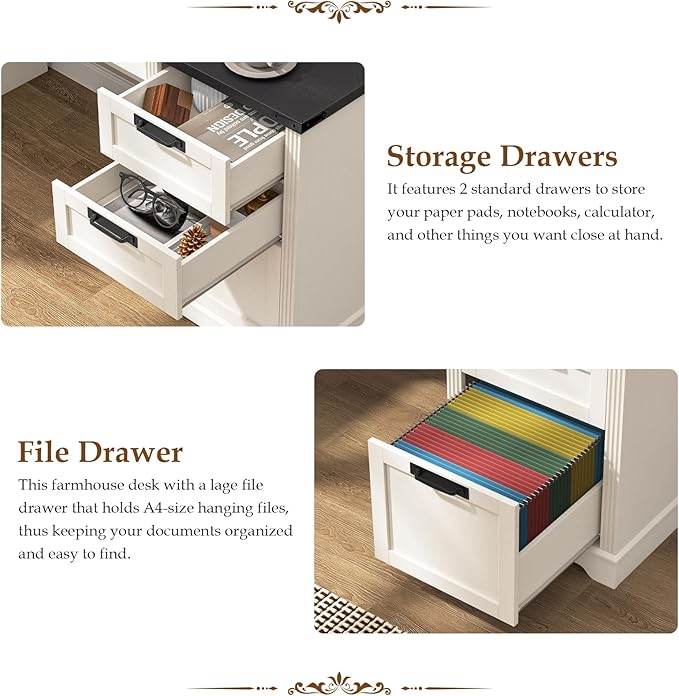 Vabches 55" Farmhouse Executive Desk with 3 Drawers, Wooden Computer Desk, Home Office Desk with File Drawer (Fits A4 Size) for Work and Study, White and Black