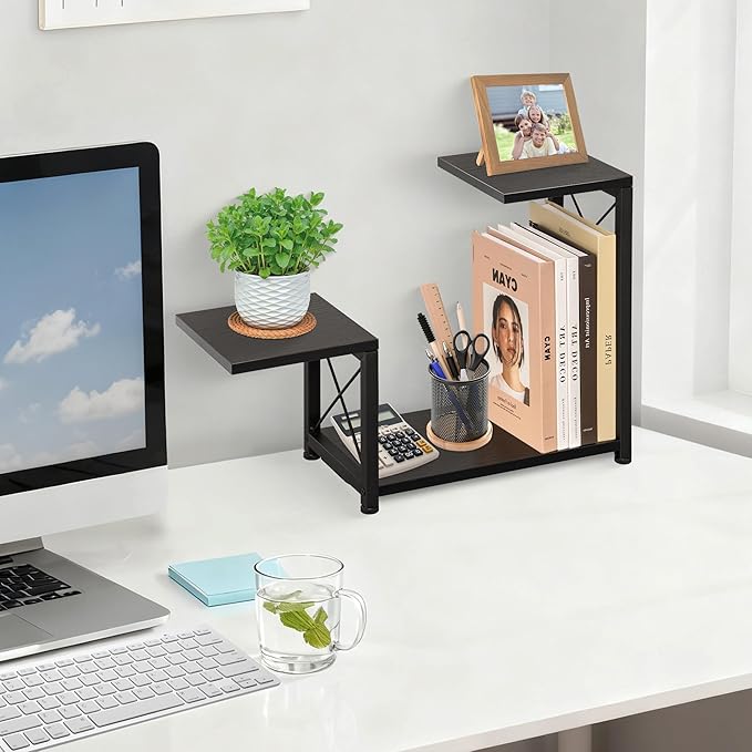Desk Shelf Organizer, 3-Tier Wood Desk Bookshelf, Small Tabletop Book Shelf, Adjustable Display Rack for Office Decor and Desk Accessories,Rustic Black