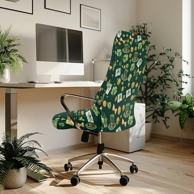 Talayituse Shamrock Hat Letter Coin Print Office Chair Covers, Stretch Computer Chair Cover Universal Boss Chairs Covers Modern Simplism Style High Back Chairs Slipcover St Patrick's Day Decor, Small