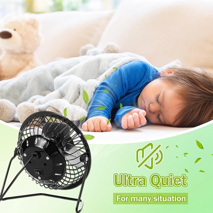 Glooglitter 4 Pcs 4" USB Small Fan Powerful Quiet 360° Adjustable Rotation Personal Metal Mini Desk Fan Summer Electric Ideal for Home Office Bedroom Desk Airflow Cooling,USB Powered Only(Black)