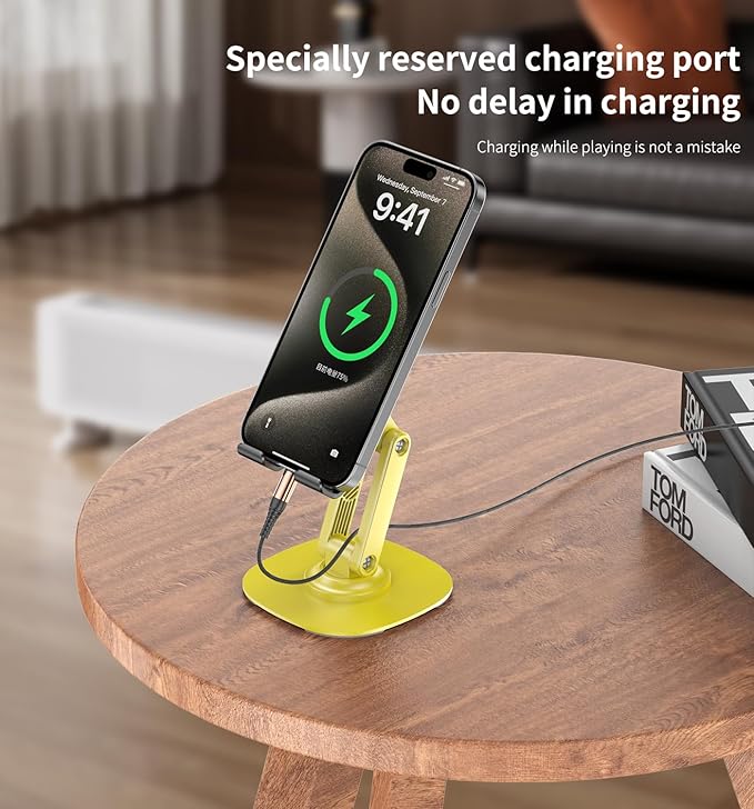 360° Rotating Cell Phone Stand for Desk, Adjustable & Foldable Phone Holder, Aluminum Desktop Phone Stand with Anti-Slip Base, Compatible with iPhone, iPad, Android Phones, K69-Yellow