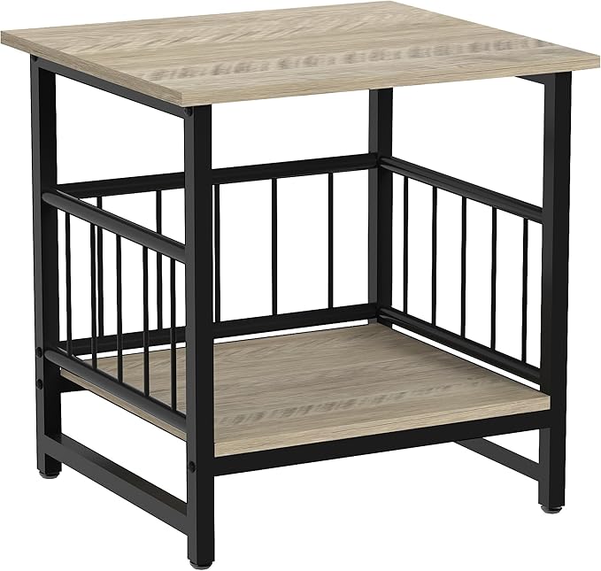 DHMAKER End Table, Industrial Side Table with 2-Tire Storage Shelf, 180LBS Mini Fridge Stand with Adjustable Feet, 18"x18" Wood Night Stand Small Bedside Table for Living Room Bedroom, Grey