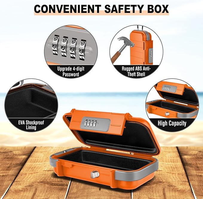 HUANLANG Portable Safe Lock Box with Combination Lock Mini Beach Travel Safe Waterproof Small Lockable Box with Removable Wire Rope Combination Safe Box for Dorm,Travel,Beach,Hotel,Car,Home,Office