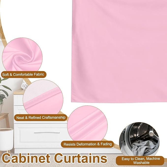 uxcell Cabinet Curtains, Dust Proof Privacy Drape Short Curtain, Hook & Loop Under The Desk Skirt for Kitchen Bathroom Closet Storage Room (51.1" W x 27.6" H, Pink)