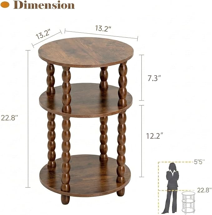 Round Side Table with 3-Tier Shelves, Small End Table with Solid Wood Legs for Living Room Bedroom, Modern Circular Coffee Table Nightstand for Small Spaces, Easy No-Tool Assembly