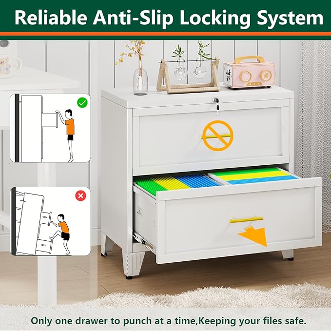 winiowa 2 Drawer File Cabinet, Metal Lateral File Cabinet with Lock, Locking Filing Cabinets for Home Office,Wide Office Storage Cabinet for Hanging Files Letter/Legal/F4/A4 Size (White, 2-Drawer)