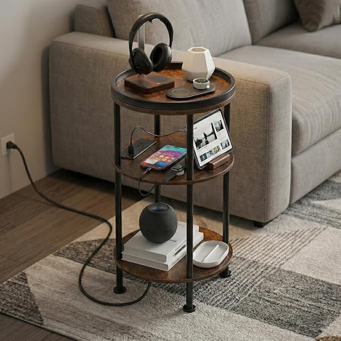 Small Round Side Table with Charging Station for Small Spaces, 3-Tier Round Accent Table with USB Ports & Power Outlets, Corner Table Sofa End Table for Living Room Bedroom (USB Charger, Rustic Brown)