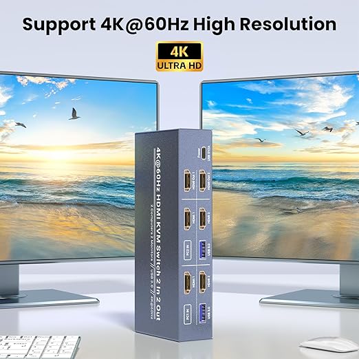 Dual Monitor HDMI KVM Switch 2 Monitors 2 Computers, 4K60Hz and 4 USB 3.0, Control 2 PCs with 2 Monitors and 1 Set of Keyboard Mouse