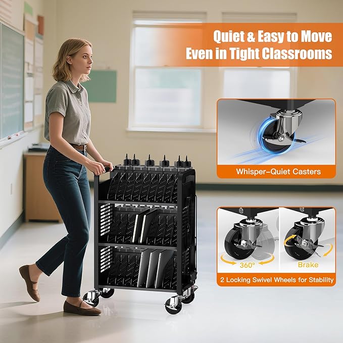 30-Unit Mobile Charging Cart-Open Charging Station Rack for 14-inch Chromebooks and Tablets-Tablet Organizer Station with Cable Management and Charger Organization(Black)