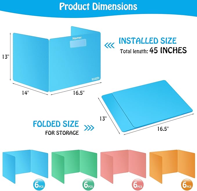 Colorful 24-Pack Desk Dividers for Students, Durable Plastic Study Carrel Divider, Easy to Clean Privacy Classroom Shield Folder Boards for Student Desk Pink Orange Blue Green