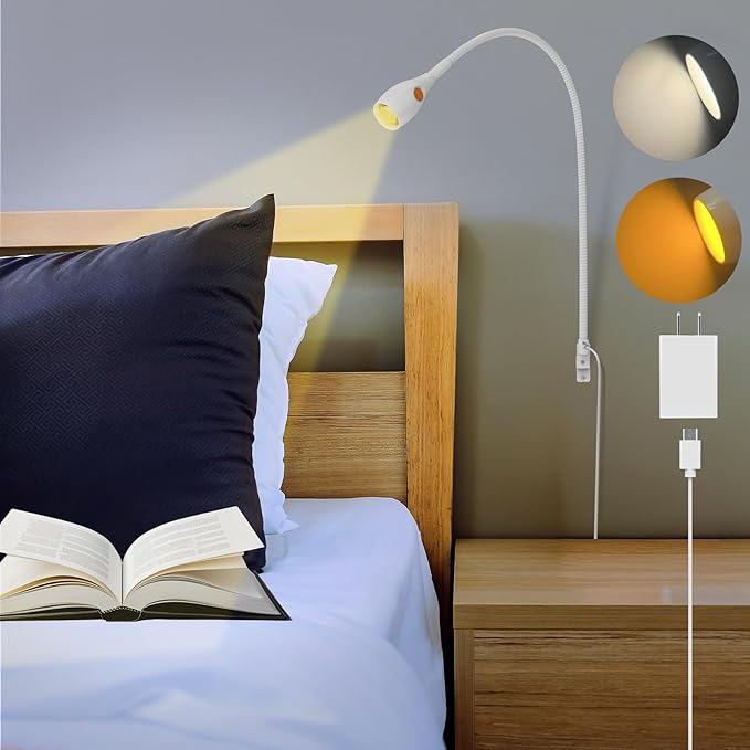 Wall Mounted Reading Light, Minimalist Headboard Mount Book Light, Dimmable LED with Lamp Head Switch Reading Lamp, USB-C Powered, CRI 95+ (4000K + Amber Nightlight) -White