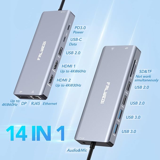 Laptop Docking Station Dual Monitor, 14 in 1 USB C Hub Multiport Adapter Dongle with 2 HDMI, DisplayPort, Ethernet, SD/TF, USB C/A Ports, PD, Mic/Audio, Compatible for MacBook Dell HP Lenovo