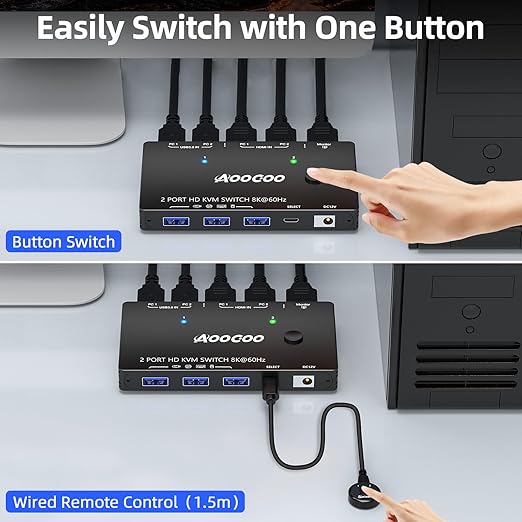 8K@60Hz HDMI KVM Switch 1 Monitors 2 Computers 4K@144Hz KVM Switches with USB 3.0 Port,Wired Remote,Power Adapter and USB3.0 Cables Included(10cm 2 PC 1 Monitor 8K KVM)
