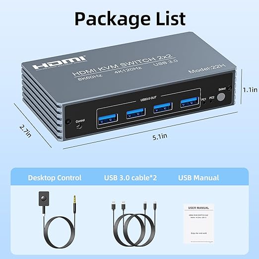 4K@120Hz HDMI Kvm Switch 2 Monitors 2 Computers 8K@60Hz Monitor KVM Switches, 4 USB3.0 Ports for 2 PC Share Mouse Keyboard and 2 Screens Support Button Switch PoC EDID Plug and Play Zero Latency