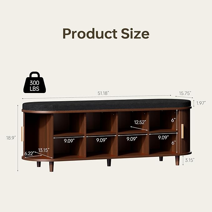 DHH 2-Tier Storage Bench,Wide Shoe Bench with Thickened Padded Seat Cushion, Mid Century Modern Fluted Sliding Door and Adjustable Shelf, for Entryway, Living Room, Bedroom (Walnut, 51.2”)