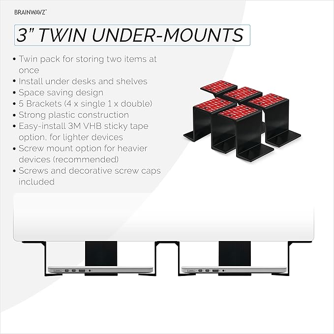BRAINWAVZ Twin Under Desk Laptop & Device Holder Mount, Adhesive & Screw in, Devices Upto 3" Like Small Computers Laptops MacBook Surface Keyboard Routers Modems Cable Box Network Switch & More.