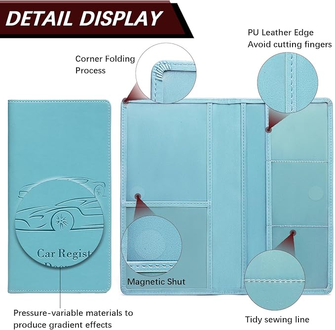 Car Registration and Insurance Card Holder for Women Men, Blue Glove Box Paperwork Organizer with Magnetic Buckle for Easy Access and Protect Documents and Various Cards in Vehicle