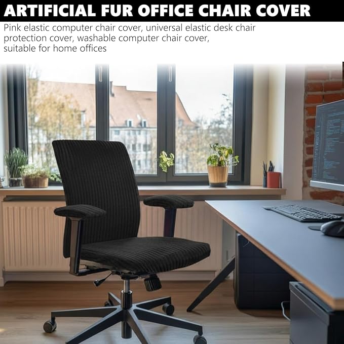 Tegeme Set of 4 Faux Fur Office Chair Covers Set with Armrest Covers, Computer Universal Stretchable Chair Seat Protector Washable Jacquard Computer Seat Slipcovers for Home Office (Black)