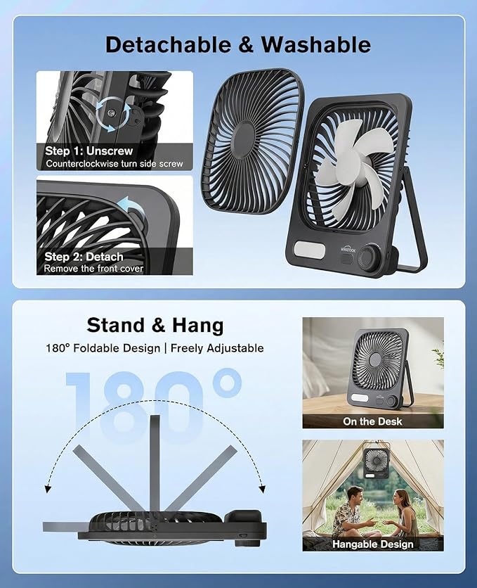 WHATOOK Small Desk Fan Rechargeable - 10000mAh Battery Operated Portable Fan with 100 Speeds & Night Light, Ultra Quiet Personal Desktop Fan for Bedroom, Office, Camping & RV Tent (Black)