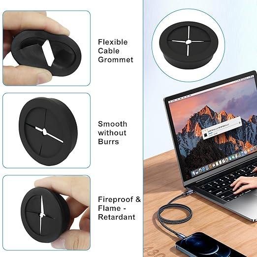 4 Pcs 1-3/4 Inch (45mm) Cable Grommet, Flexible Rubber Wire Hole Cover Pass Through for Office Computer Desk, Cabinet & Furniture Wire Organizer, Black