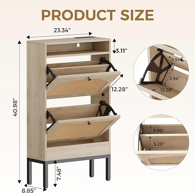 LUCKLIFE Shoe Cabinet with Charging Station, Flip Down Shoe Storage Organizer with Adjustable Shelves, Hidden Slim Shoe Rack with Anti-Tip Kit for Entryway or Hallway, Light Wood - 2 Pack