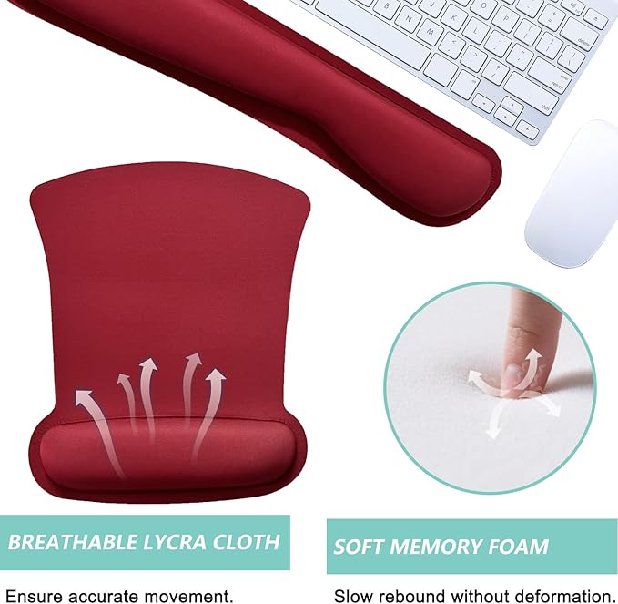 Keyboard Wrist Rest Pad Mouse Pad with Wrist Support Set of 3, Gaming Mousepad with Non-Slip Rubber Base, Ergonomic Memory Foam Mouse Cushion Support for Home Office Laptop Computer, Red
