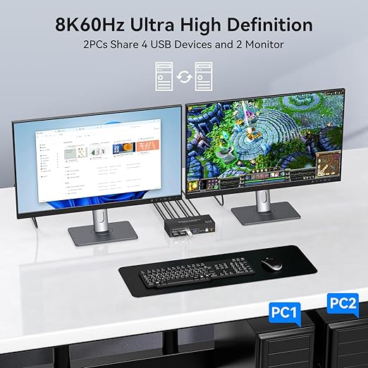 4K@120Hz KVM Switch 2 Monitors 2 Computers 8K@60Hz Displayport KVM Switch Share Dual Monitor and 4 USB Devices Support Extended/Copy Mode with USB 3.0 Cables and Extended Controller