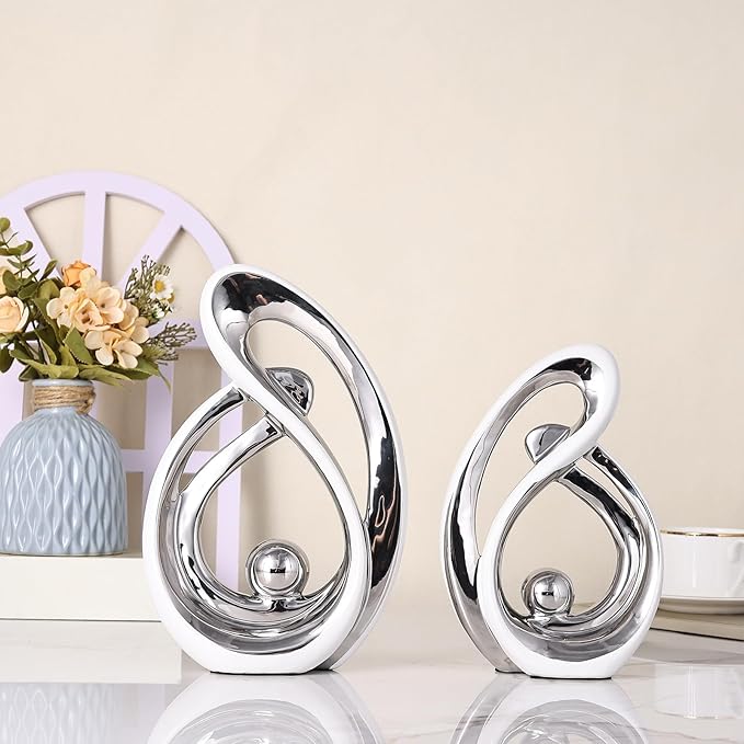 Silver Ceramic Home Decor, Ceramic Abstract 2 Piece Set, Mid-Century Modern Art Decor and Accessories, Living Room Coffee Table Dining Table Center Foyer Entry Table Decoration