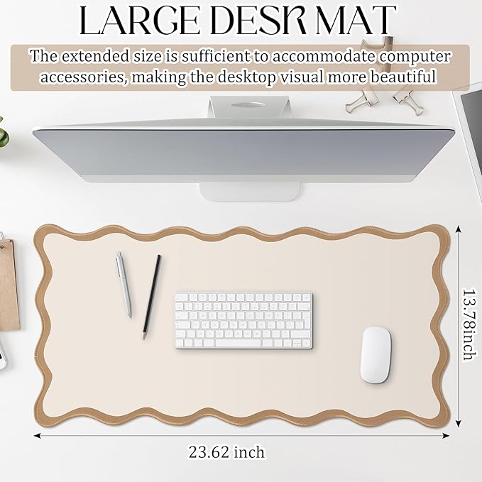 Hahafelt Scalloped Desk Mat Large Scalloped Piping Cute Desk Mat Aesthetic Preppy Table Pad Large Nonslip Pad with Edge Stitching Waterproof Gaming(Beige,23.6 x 13.8 Inches)