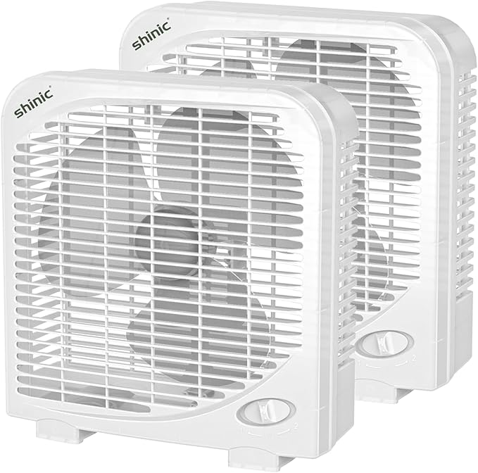 shinic 2 Packs 10" Tabletop Box Fan, 2 Speeds, Quiet Table Fans with Strong Airflow, Energy Efficient Small Box Fan, Portable Kitchen Exhaust Fans for Bedroom Bathroom Office Dorm Workshop, White