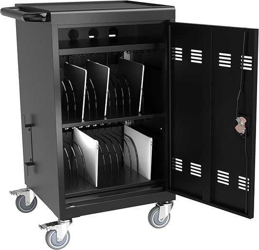 32 Device Charging Cart, Laptop and Tablet Storage Cart, Holds Up to 16.3" with Cord Management, Front and Rear Access Locking, Desktop Charging and Storage Cabinet for Classroom or Office.Black