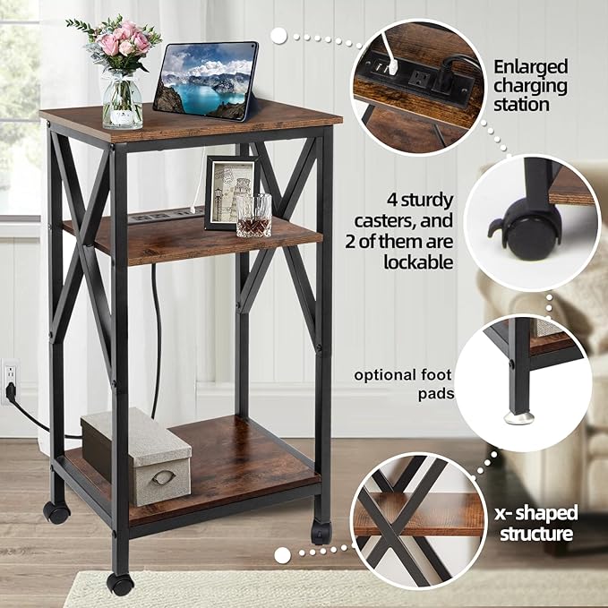 TooCust End Table with Charging Station, End Tables Living Room Set of 2 Farmhouse, 12" D x 16" W x 28" H, 28 inch Tall Side Tables, Rustic Wood End Tables, Couch Side Tables Set of 2