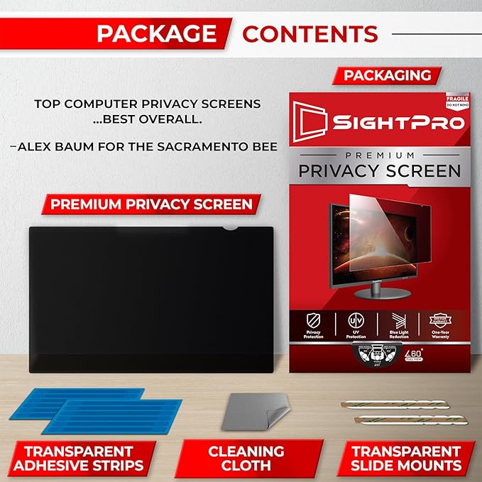 SightPro 22 Inch 16:10 Computer Privacy Screen Filter for Monitor - Privacy Shield and Anti-Glare Protector