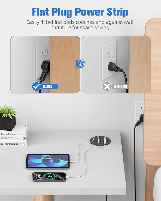Desktop Power Grommet with 100W USB C, Double-Side Recessed Charging Station Plug in 5AC Outlets & 4 USB Ports, 4-Inch Hole Furniture Flush Mount for Countertop Black