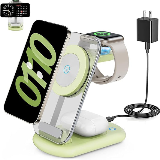 2026 Travel Wireless Mag-Safe Fast Charging Station,Magnetic 3 in 1 Charger with Light for iPhone16 15 14 13 12 Pro Max Plus,Apple Watch Series & Air pods 4 3 2 Pro-Gifts for Wife & Husband(Cyan)