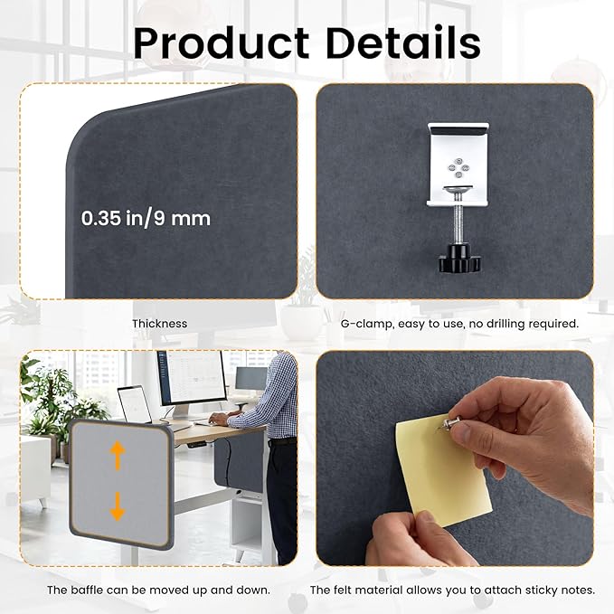 Desk Divider, Clamp On Felt Desk Privacy Panels, Acoustic Sound Absorbing Desk Partition for Office Desk, Reduce Distractions, Dark Gray, 1 Pack, 24 x 24 in