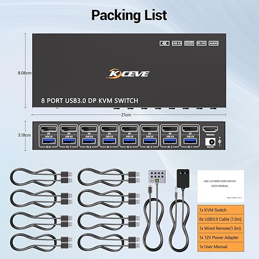 8 Port KVM Switch Displayport 4K@60Hz EDID Simulation, USB 3.0 DP KVM Switch for 8 Computers Share 1 Monitor and 4 USB Devices, KVM Switches with Audio RS232 Wired Remote 12V Power and 8 USB Cable