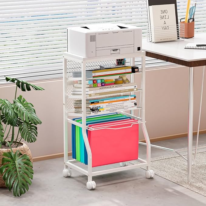 INGIORDAR 5-Tier Rolling File Cart, Under Desk Storage Organizer with Lockable Wheels & Mesh Sliding Trays, Multi-Functional Mobile Utility Cart for Office, Home, School, White