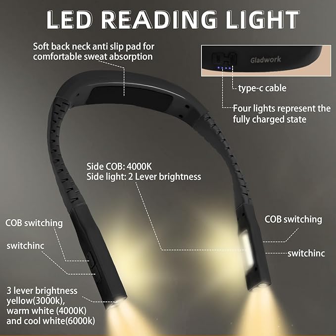 Neck Light,Book Lights for Reading at Night,3 Modes 4 Light Portable Rechargeable1200mAh, Perfect for Night Crochet Knitting Cross Stitch Crafting,Book Lovers Gift