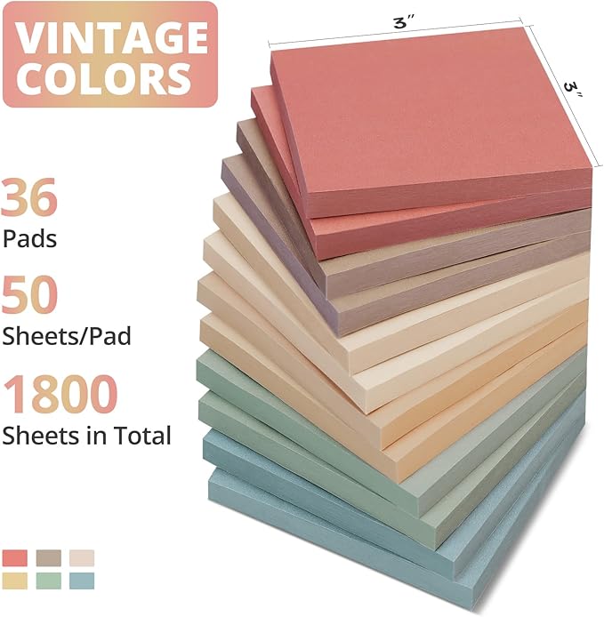 Sticky Notes, 36 Pads, 3x3 Inches Self-Stick Note Pads, Perfect for Office, Study, and Daily Life Organization - Vintage