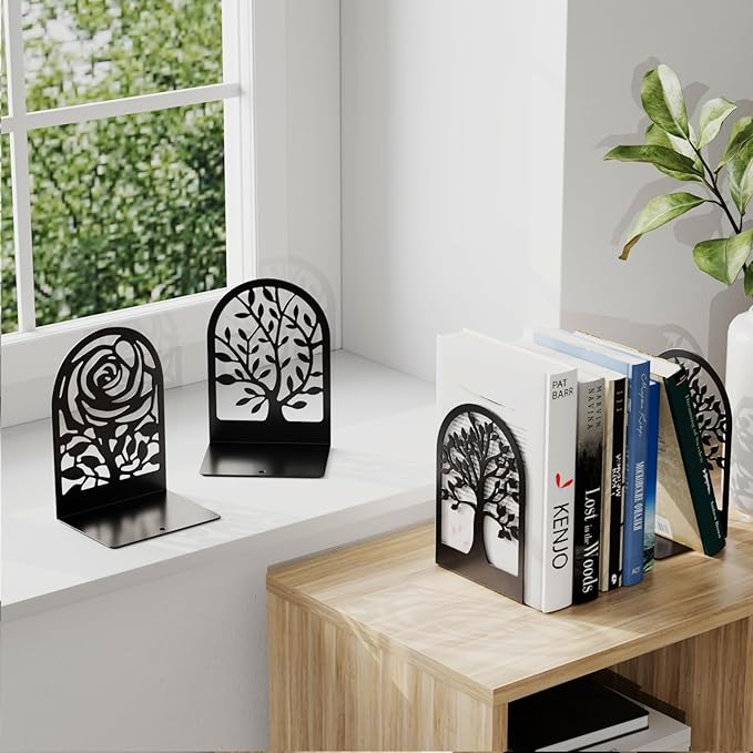MaxGear Decorative Book Ends, Heavy Duty Bookends for Shelves, Metal Bookend for Heavy Book Supports, Office Bookends Shelf Holder Black 3pair, Non-Skid Book Stoppers 6.89x4.89x3.54 inch