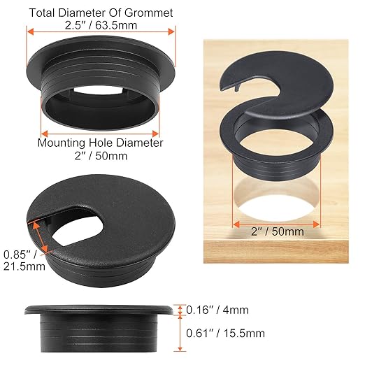 20 Pack 2" Black Plastic Desk Grommet, 2" Hole Cover, Organizers, Cord & Cable Management
